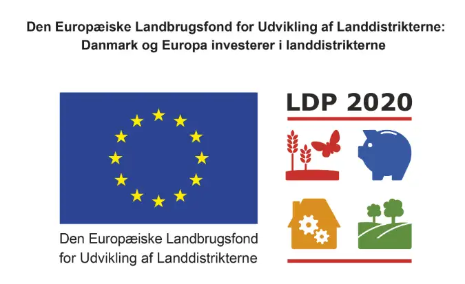 Den Europæiske Landbrugsfond for Udvikling af Landdistrikterne: Danmark og Europa investerer i landdistrikterne. Logo for Den Europæiske Landbrugsfond for Udvikling af Landdistrikterne og logo for LDP 2020.