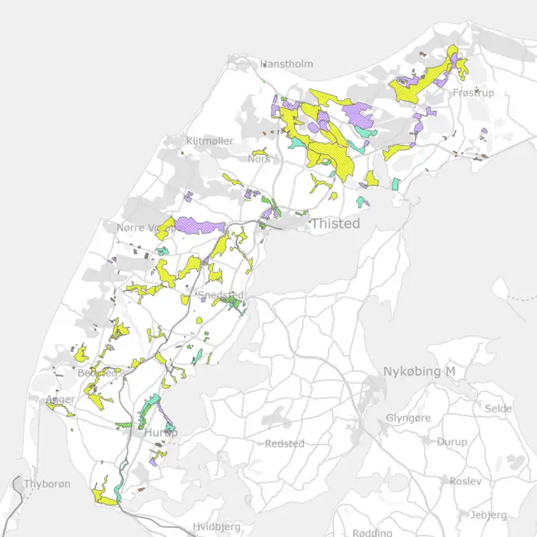 Overblikskort over områder i omlægningsplanen, der har potentiale for omlægning i forbindelse med Grøn Trepart