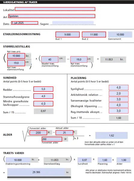 Skema til v&aelig;rdis&aelig;tning af tr&aelig;er