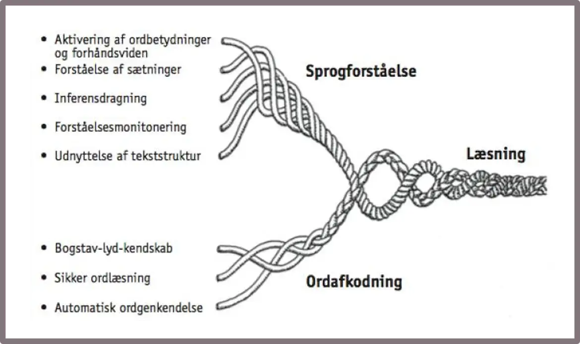 Illustration af l&aelig;sning som et samspil mellem sprogforst&aring;else og ordafkodning, vist som to sammenflettede reb, der tilsammen danner l&aelig;sning. Diagrammet fremh&aelig;ver blandt andet ordforr&aring;d, tekstforst&aring;else, bogstav-lyd-kendskab og automatisk ordgenkendelse.